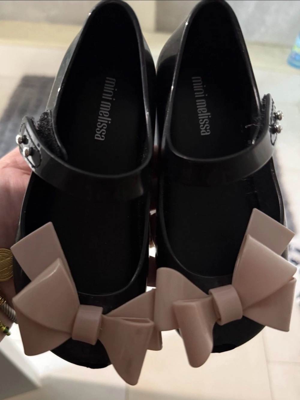 Melissa Black Jelly Mary Janes with Blush Bows $25 Size 9